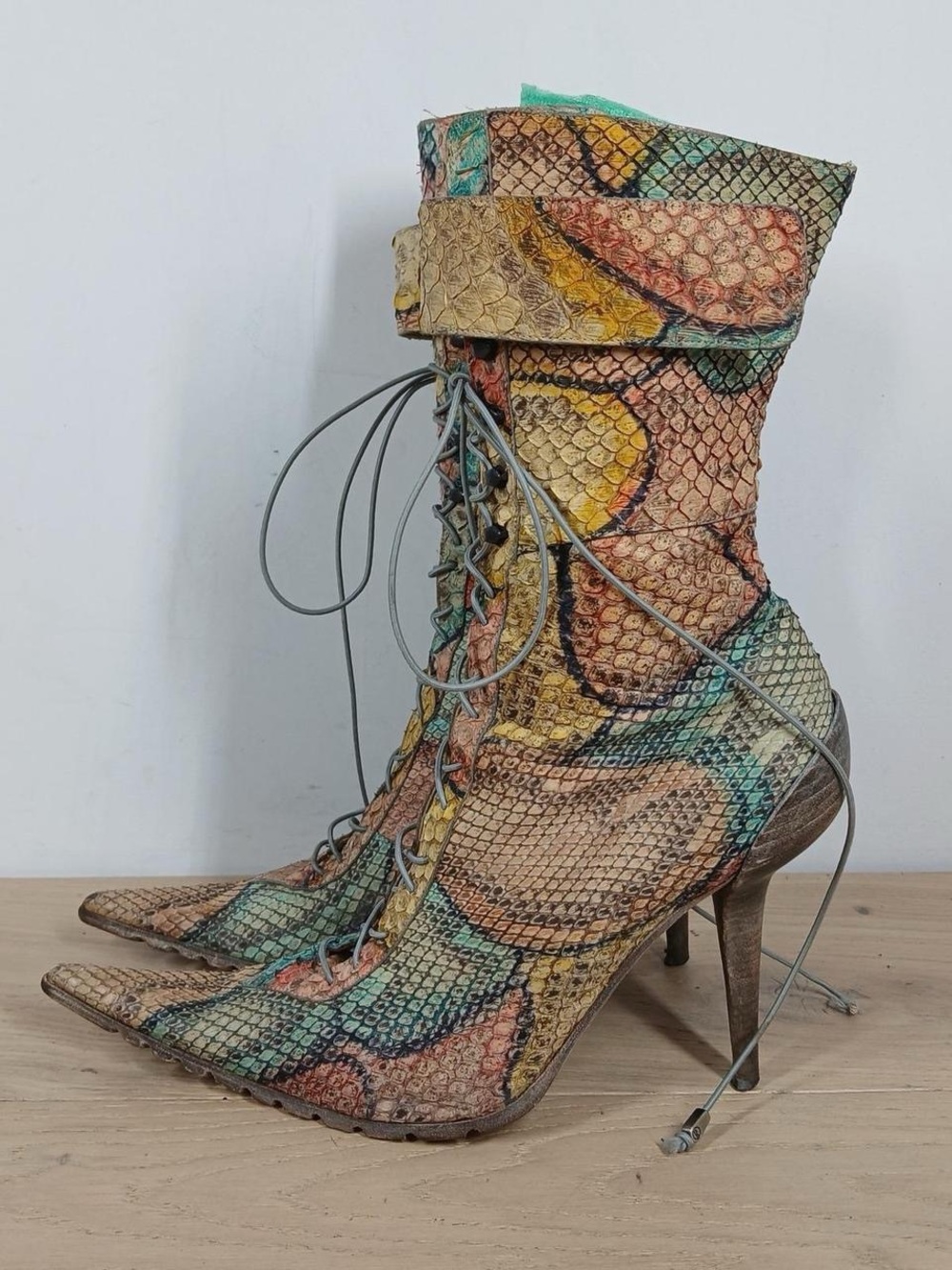 GIANNI BRAVO | Multicolor Snakeskin Leather Lace-Up Pointed-Ankle Boots - Picture 5 of 8